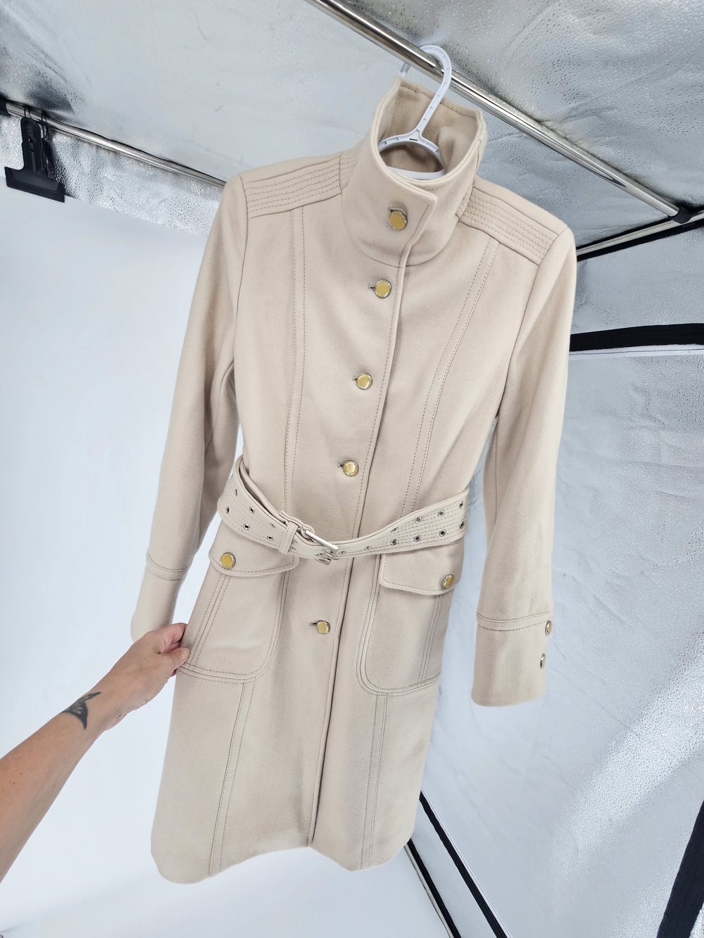 Kenneth Cole New York Cream Belted Trench Coat with Gold Buttons